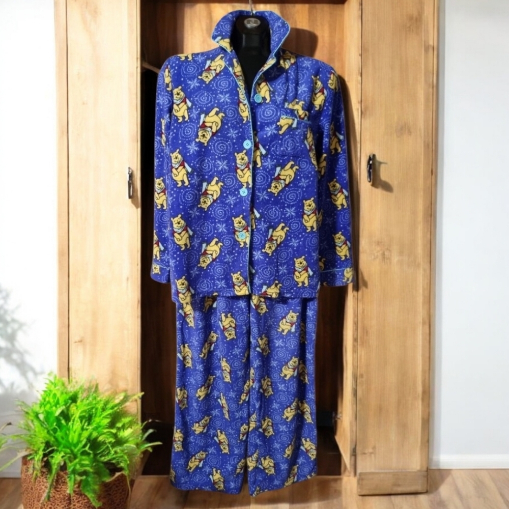 Disney Winnie the Pooh Vtg Periwinkle Fleece 2-Piece Pajama Set Ladies Size M